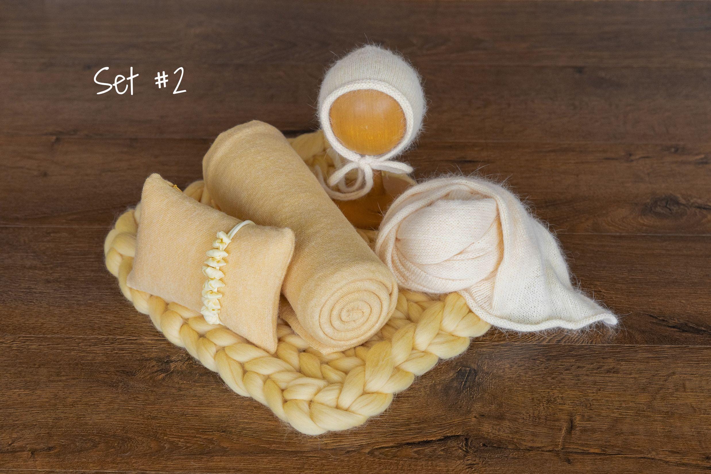 Warm Yellow Newborn Photography Props, Newborn Merino Wool Blanket, Newborn Knitted Wrap and Bonnet, Newborn Posing Pillow, Newborn Fur Prop