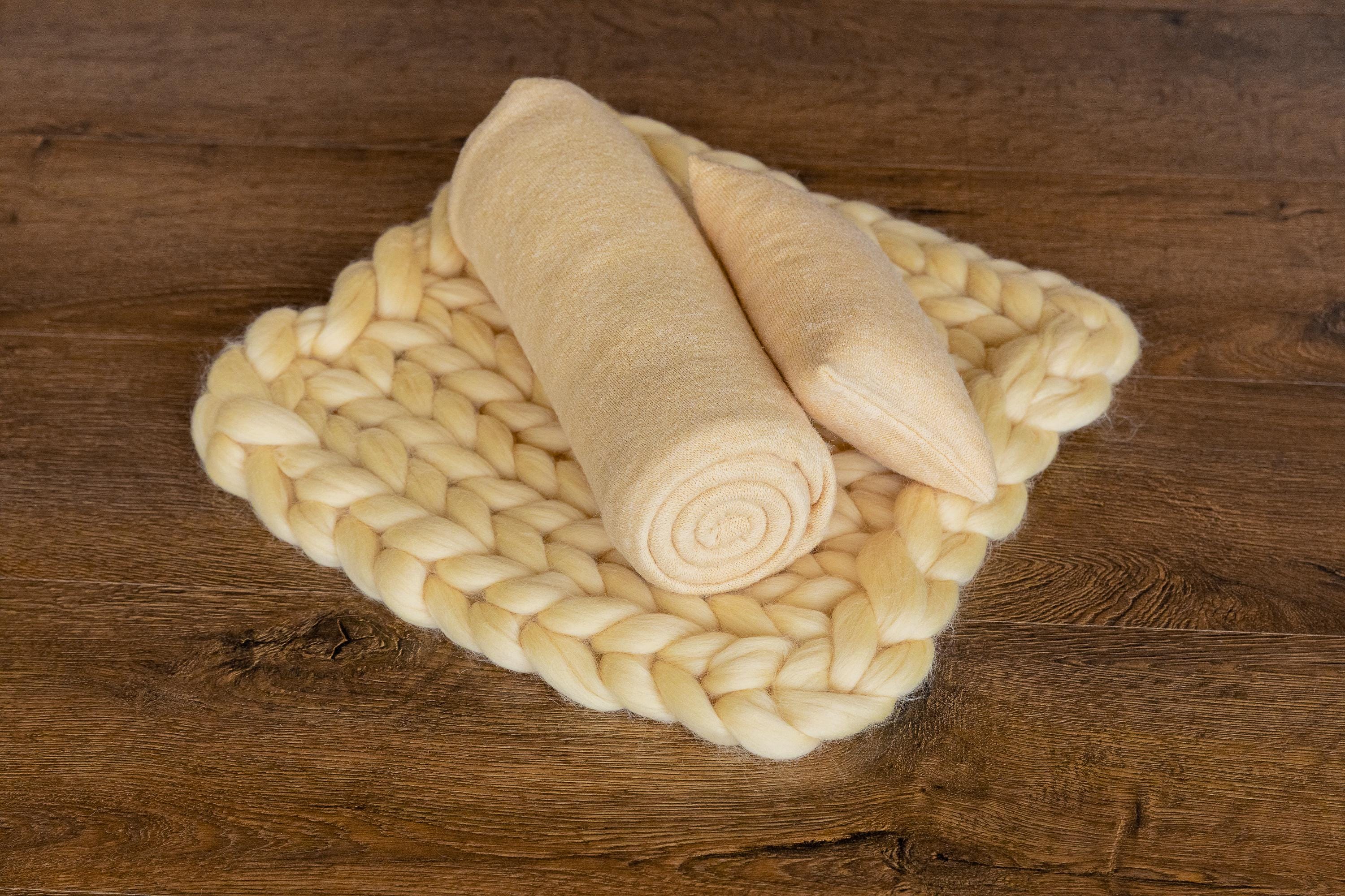 Warm Yellow Newborn Photography Props, Newborn Merino Wool Blanket, Newborn Knitted Wrap and Bonnet, Newborn Posing Pillow, Newborn Fur Prop