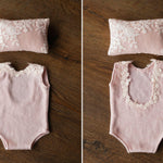 Handmade angora newborn girl romper with matching posing pillow