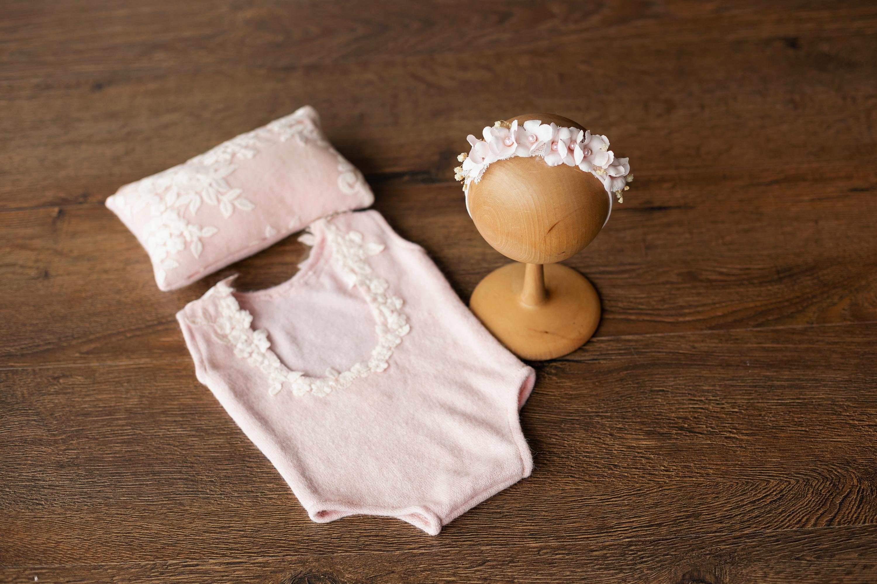 Handmade angora newborn girl romper with matching posing pillow
