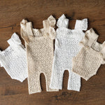 Hand-knitted newborn romper and bonnet set — soft, breathable cotton with delicate ruffle sleeves, perfect for newborn photoshoots, first birthdays, baptisms, or summer outings.