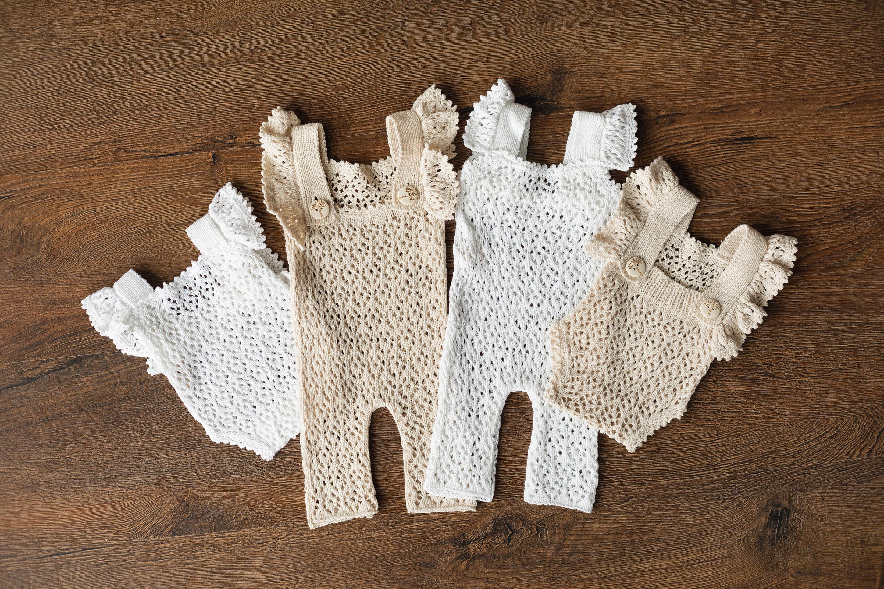 Hand-knitted newborn romper and bonnet set — soft, breathable cotton with delicate ruffle sleeves, perfect for newborn photoshoots, first birthdays, baptisms, or summer outings.