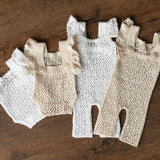 Hand-knitted newborn romper and bonnet set — soft, breathable cotton with delicate ruffle sleeves, perfect for newborn photoshoots, first birthdays, baptisms, or summer outings.