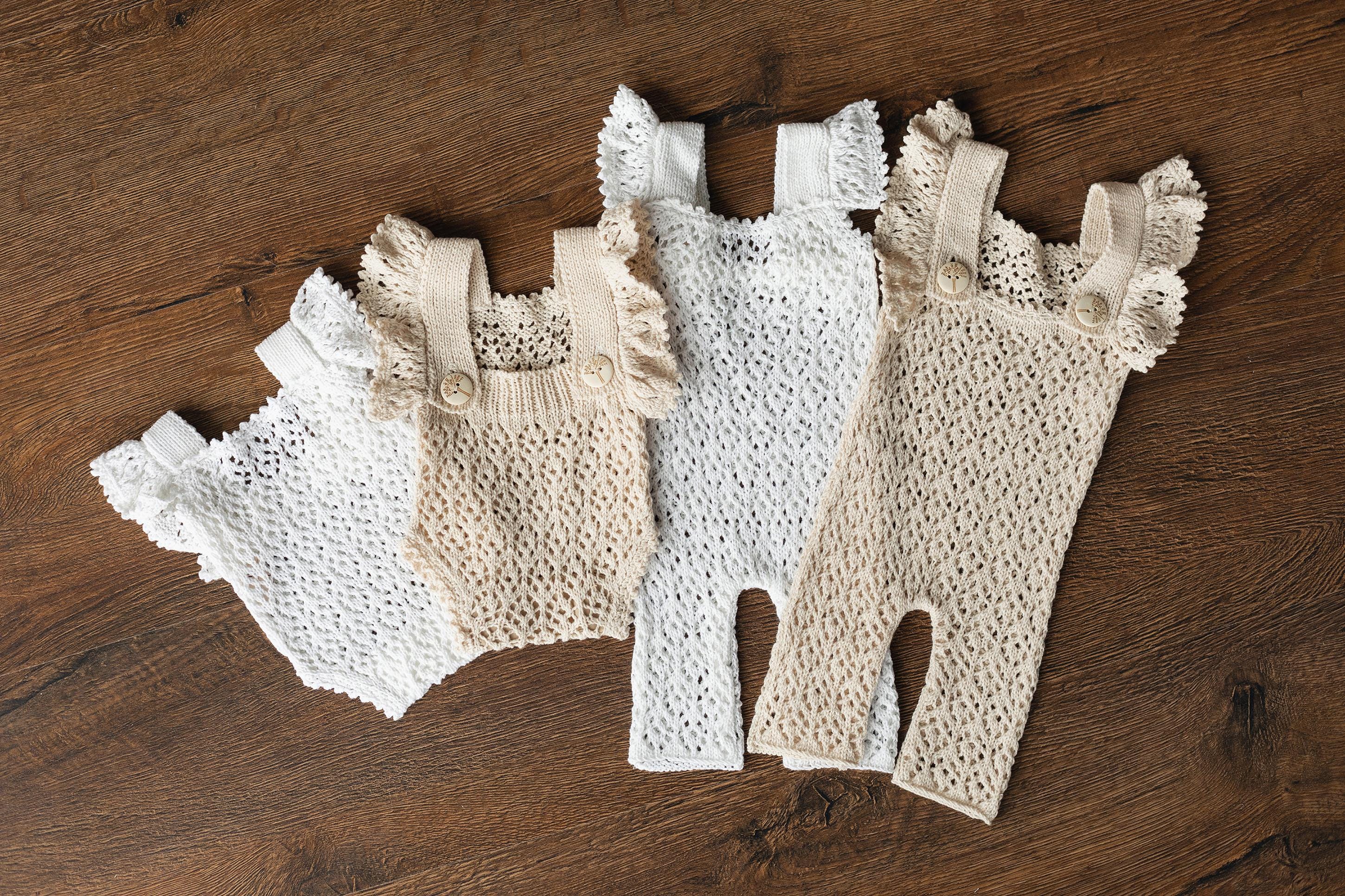 Hand-knitted newborn romper and bonnet set — soft, breathable cotton with delicate ruffle sleeves, perfect for newborn photoshoots, first birthdays, baptisms, or summer outings.