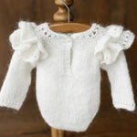 Mohair baby girl romper with angel wings – soft newborn photography outfit