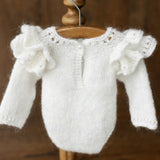 Mohair baby girl romper with angel wings – soft newborn photography outfit