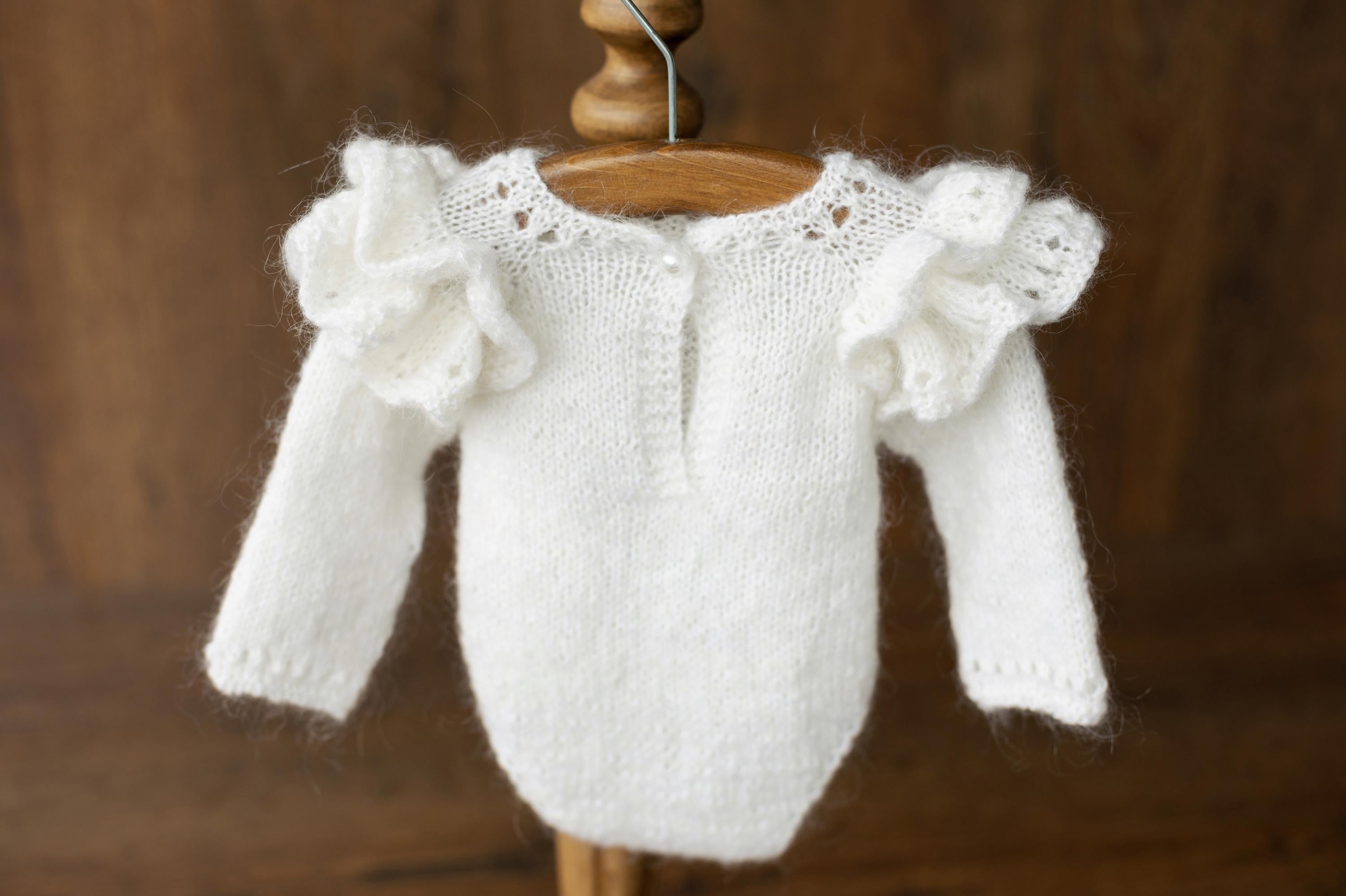 Mohair baby girl romper with angel wings – soft newborn photography outfit