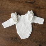 Mohair baby girl romper with angel wings – soft newborn photography outfit