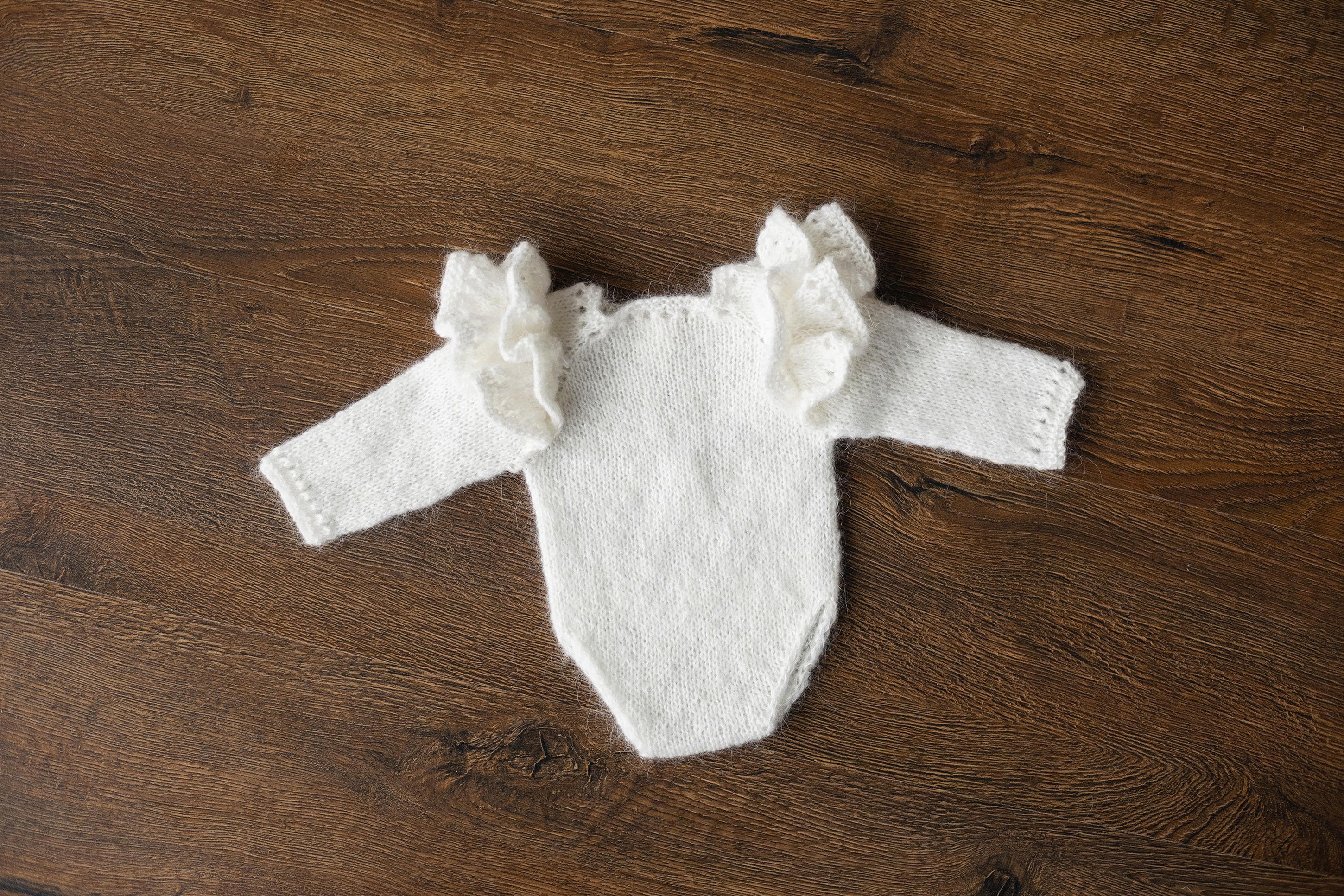 Mohair baby girl romper with angel wings – soft newborn photography outfit