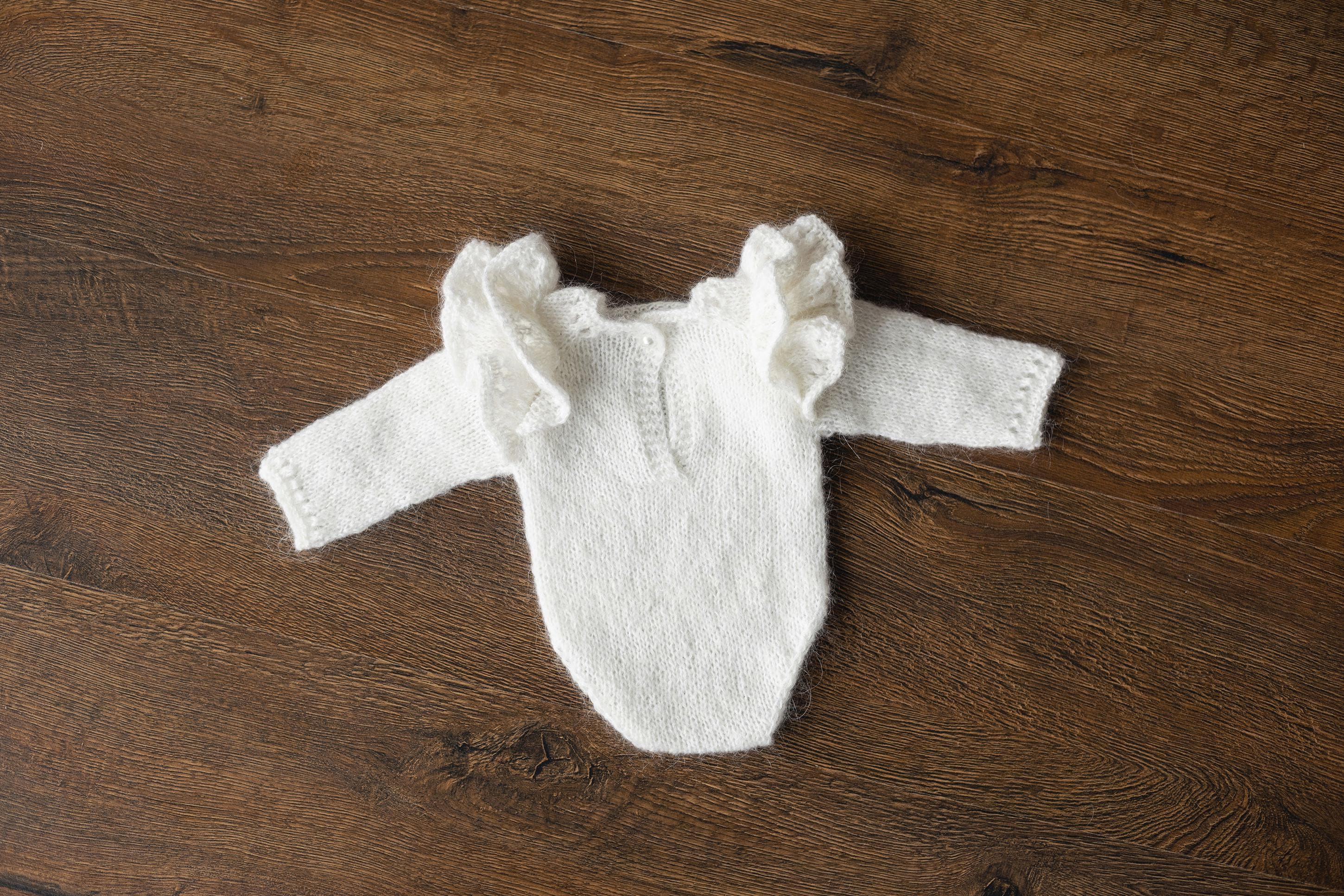 Mohair baby girl romper with angel wings – soft newborn photography outfit