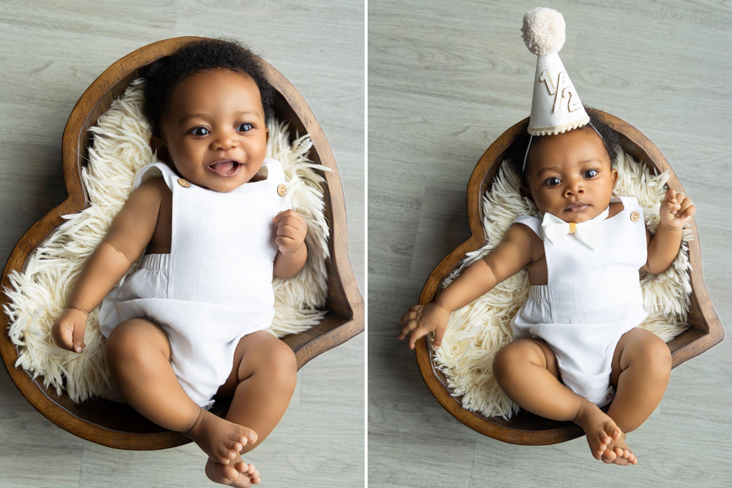 Wooden newborn heart bowl – handmade photography prop with vintage finish