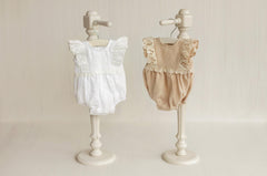 Baby Girl Linen Romper with Delicate Ruffle Sleeves and Natural Lace Details for Newborn Photography Outfit, Baptism & Special Occasions