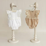 Baby Girl Linen Romper with Delicate Ruffle Sleeves and Natural Lace Details for Newborn Photography Outfit, Baptism & Special Occasions