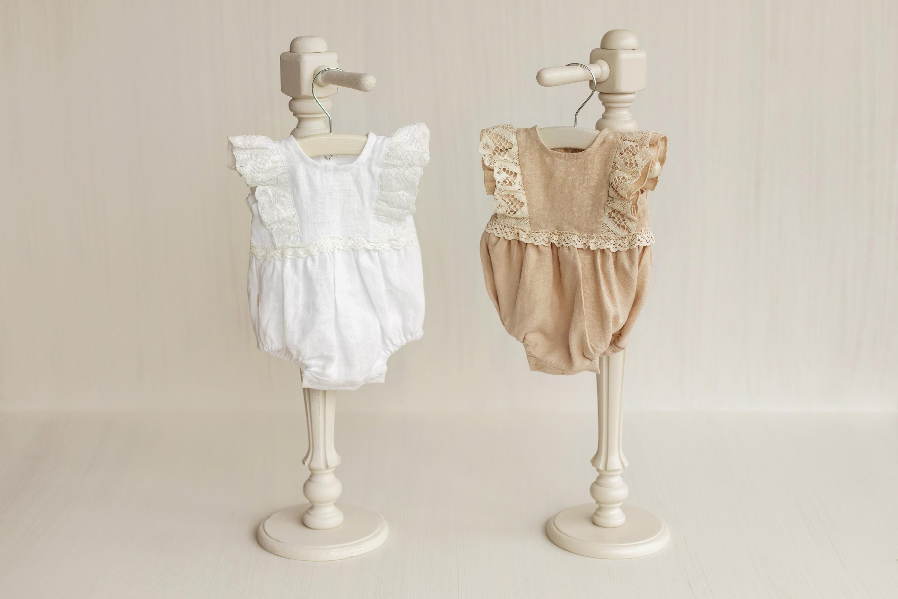 Baby Girl Linen Romper with Delicate Ruffle Sleeves and Natural Lace Details for Newborn Photography Outfit, Baptism & Special Occasions