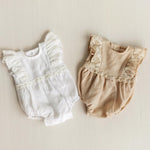 Baby Girl Linen Romper with Delicate Ruffle Sleeves and Natural Lace Details for Newborn Photography Outfit, Baptism & Special Occasions
