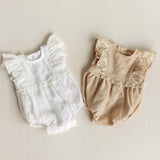 Baby Girl Linen Romper with Delicate Ruffle Sleeves and Natural Lace Details for Newborn Photography Outfit, Baptism & Special Occasions