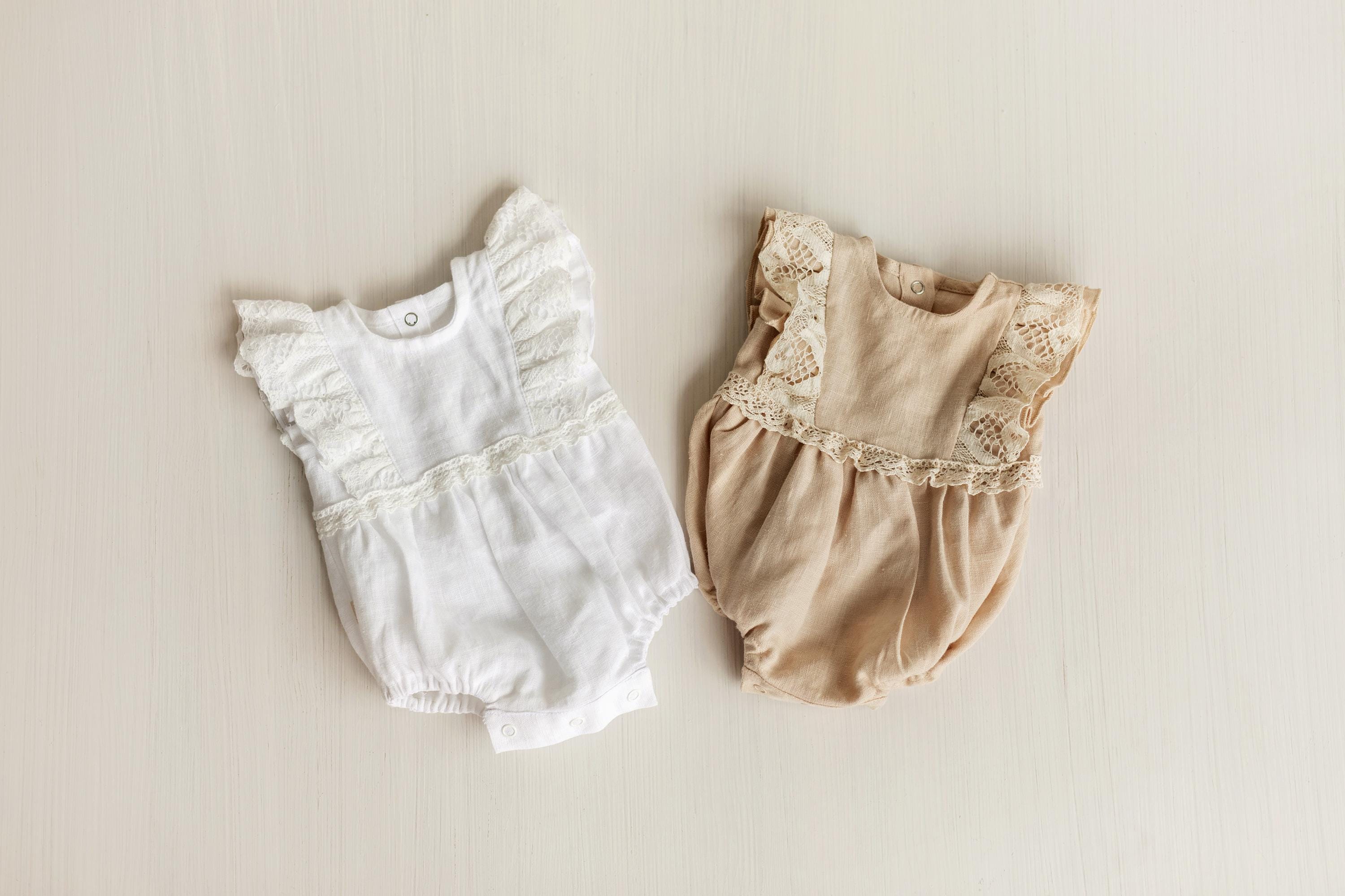 Baby Girl Linen Romper with Delicate Ruffle Sleeves and Natural Lace Details for Newborn Photography Outfit, Baptism & Special Occasions