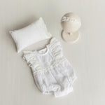 Baby Girl Linen Romper with Delicate Ruffle Sleeves and Natural Lace Details for Newborn Photography Outfit, Baptism & Special Occasions