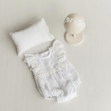 Baby Girl Linen Romper with Delicate Ruffle Sleeves and Natural Lace Details for Newborn Photography Outfit, Baptism & Special Occasions