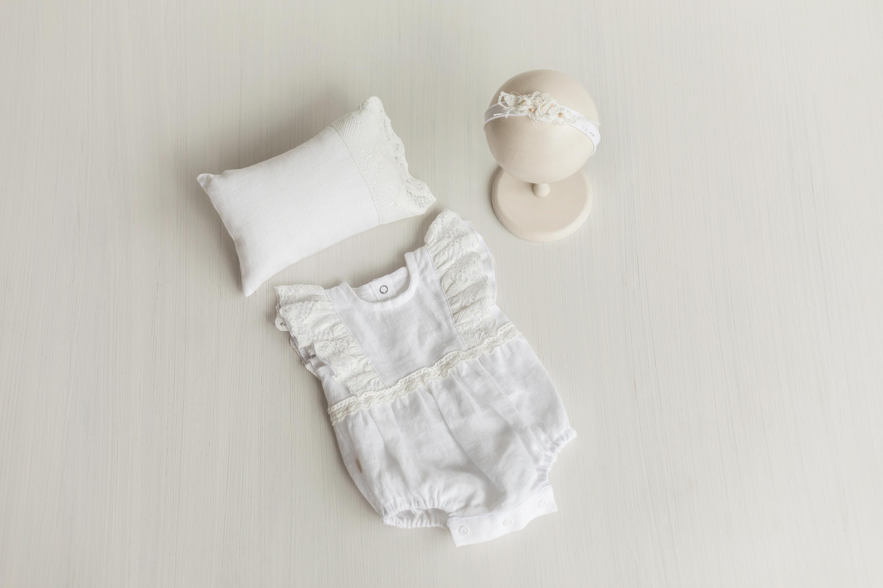Baby Girl Linen Romper with Delicate Ruffle Sleeves and Natural Lace Details for Newborn Photography Outfit, Baptism & Special Occasions