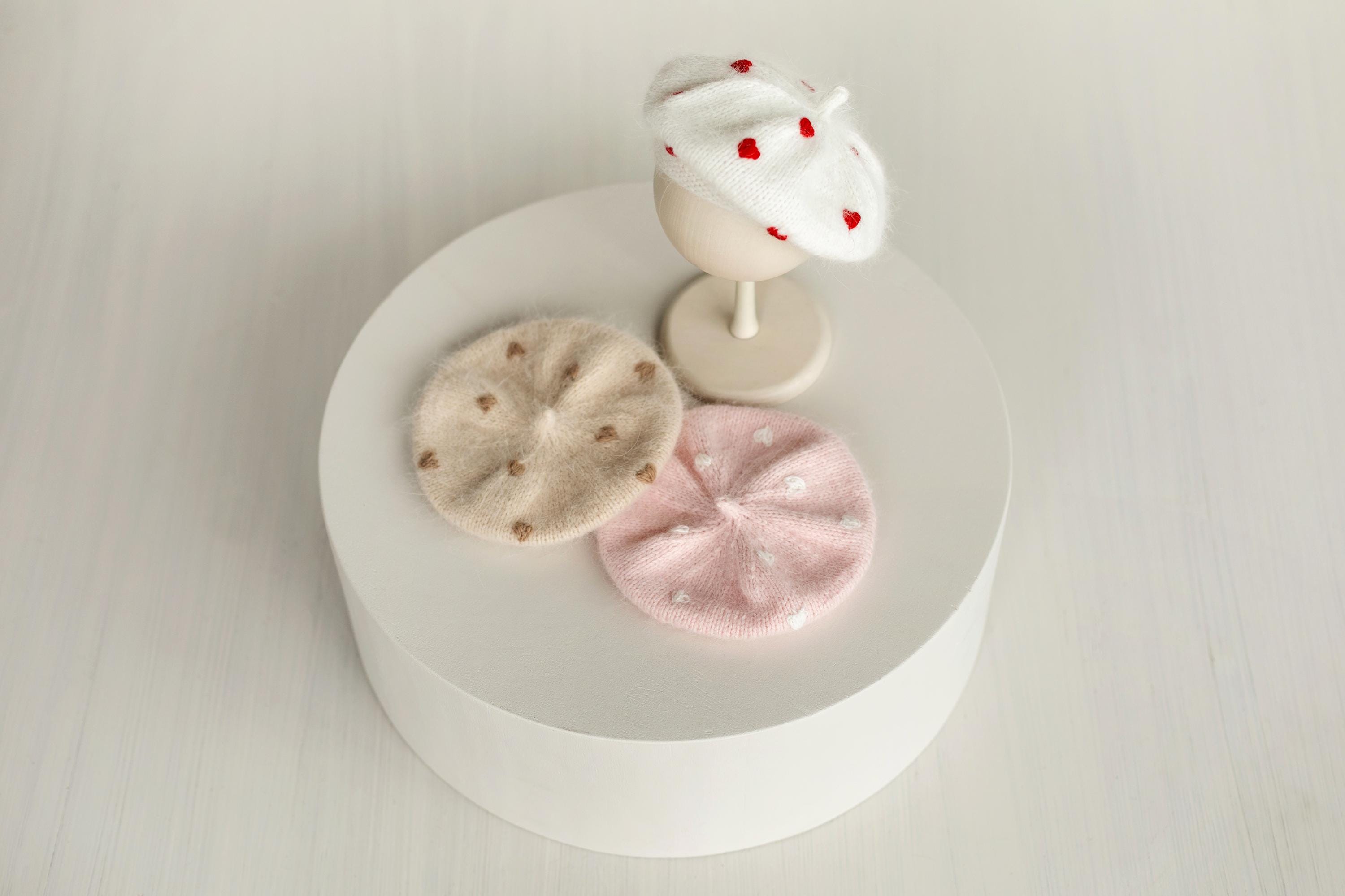 Angora Wool Baby Girl Beret Hat with Hearts – Valentine’s Day Outfit, Newborn Photography Prop