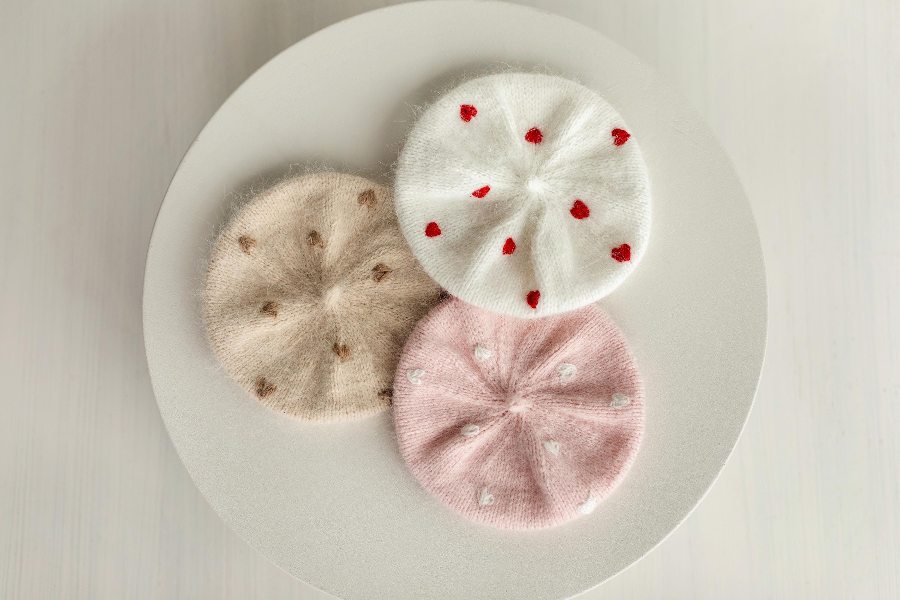 Angora Wool Baby Girl Beret Hat with Hearts – Valentine’s Day Outfit, Newborn Photography Prop