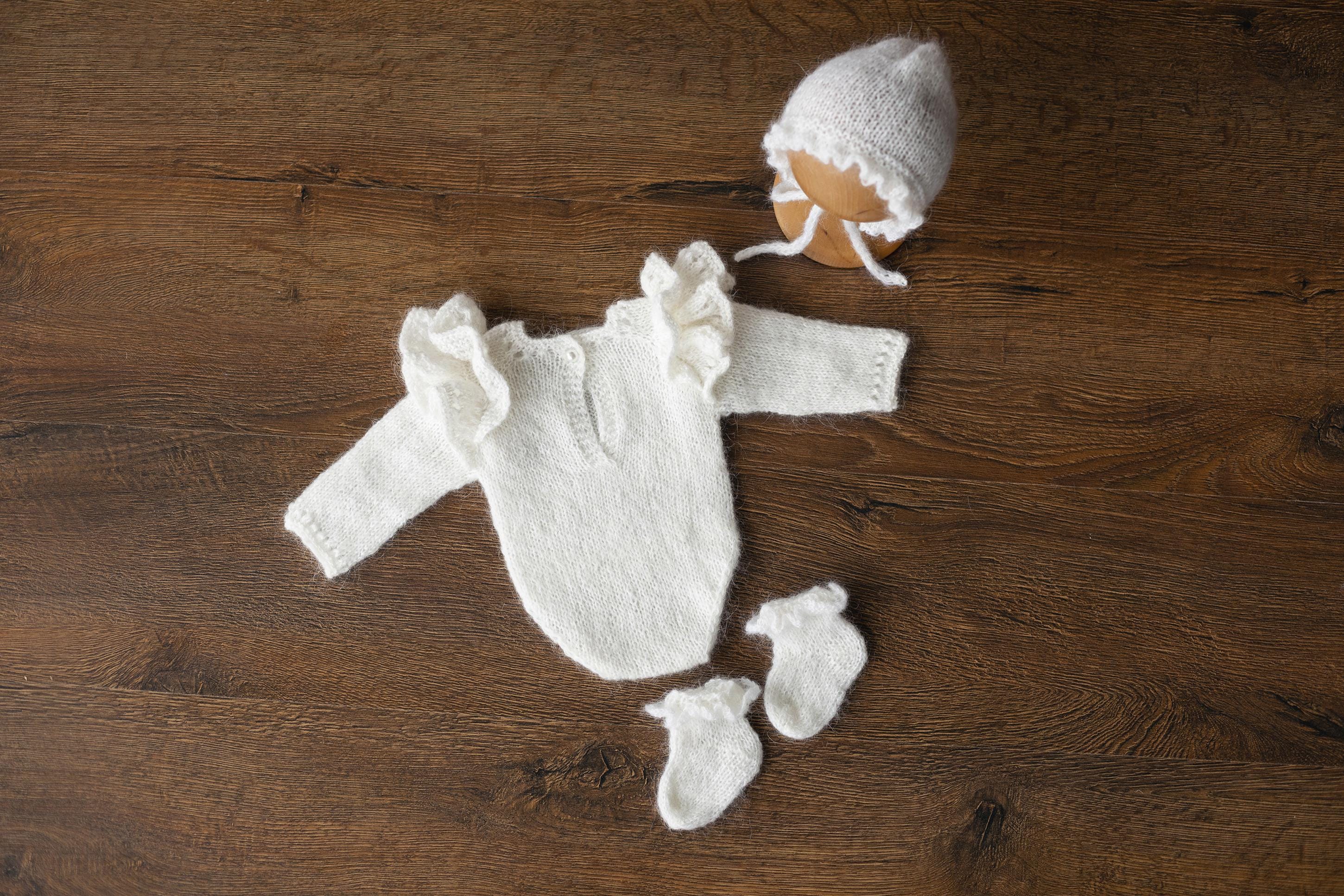 Mohair baby girl romper with angel wings – soft newborn photography outfit