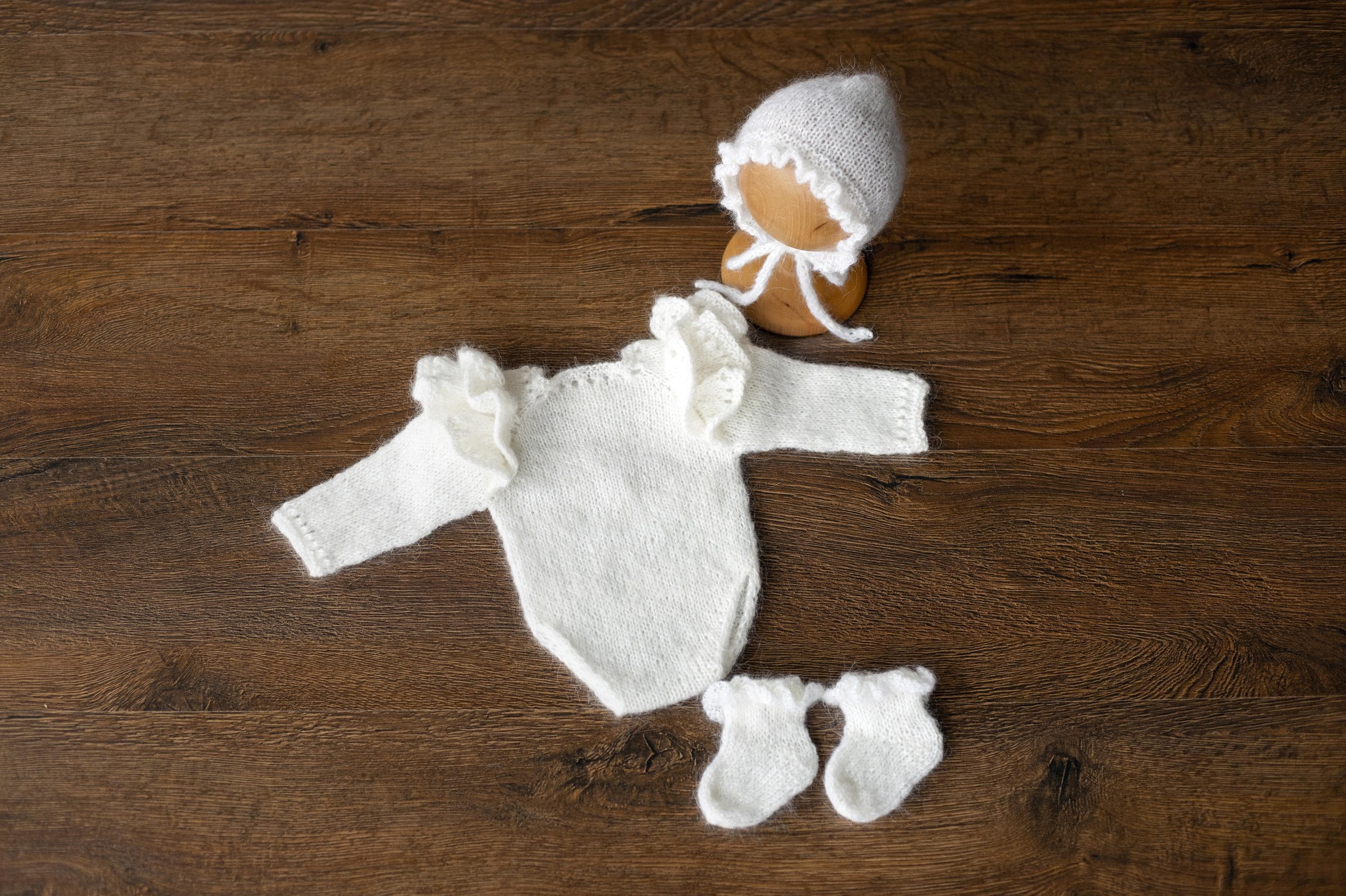 Mohair baby girl romper with angel wings – soft newborn photography outfit
