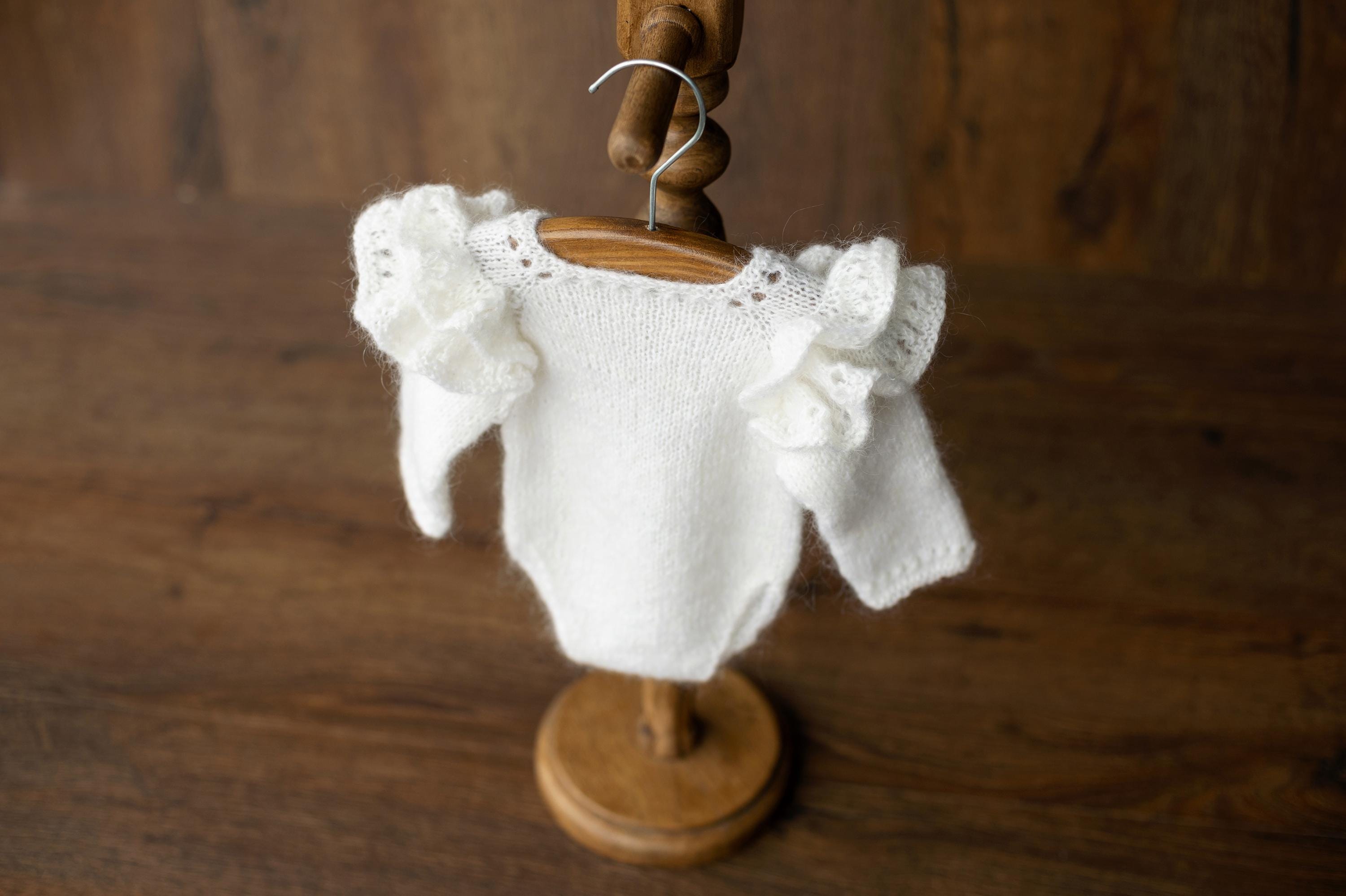 Mohair baby girl romper with angel wings – soft newborn photography outfit