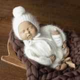 Handmade baby knitted bonnet with pompom – soft angora wool for newborns