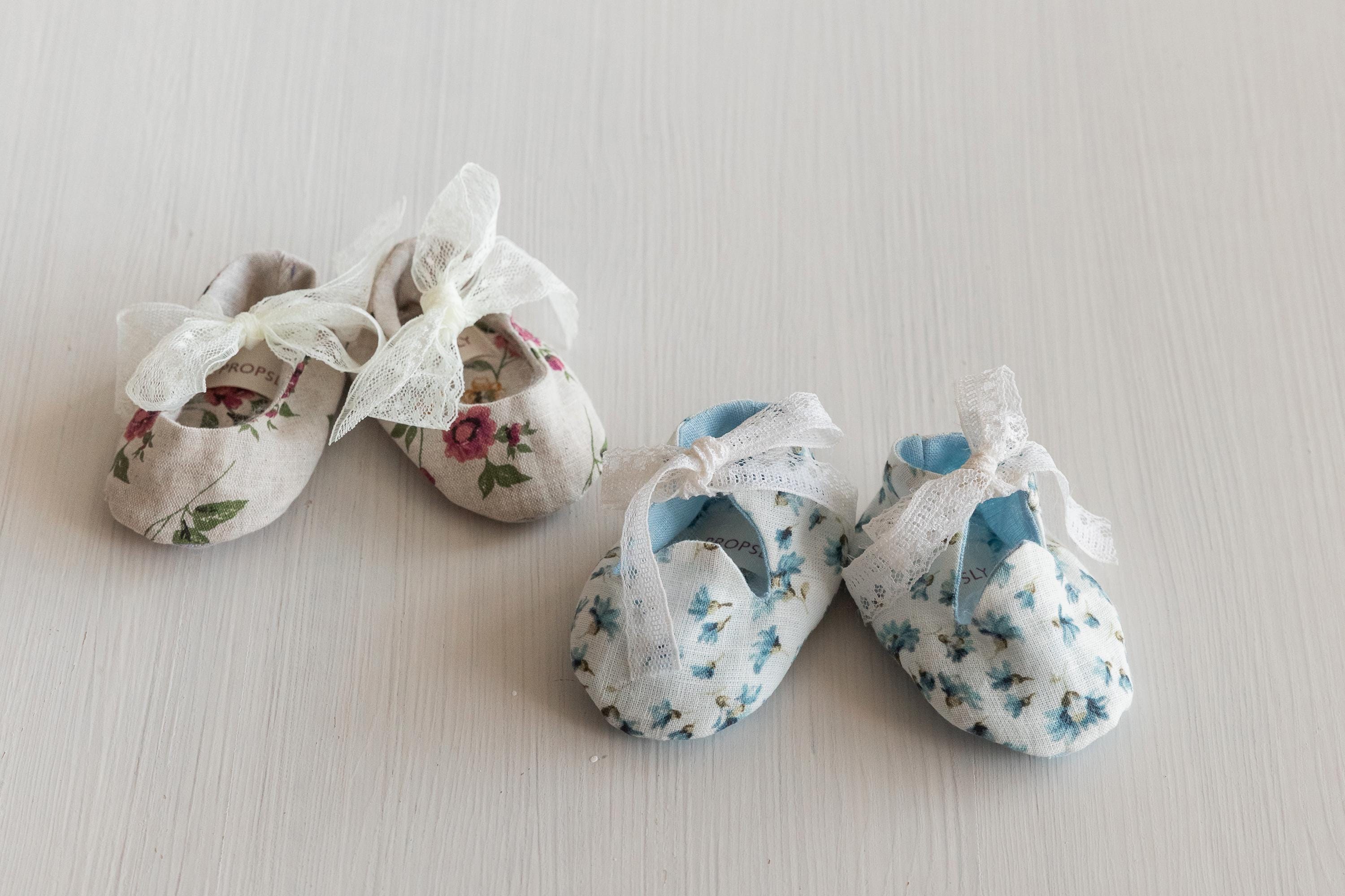 Linen Baby Girl Shoes with Delicate Lace Bow: Newborn Coming Home Outfit, Baptism & Photography Props