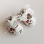 Linen Baby Girl Shoes with Delicate Lace Bow: Newborn Coming Home Outfit, Baptism & Photography Props