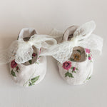 Linen Baby Girl Shoes with Delicate Lace Bow: Newborn Coming Home Outfit, Baptism & Photography Props