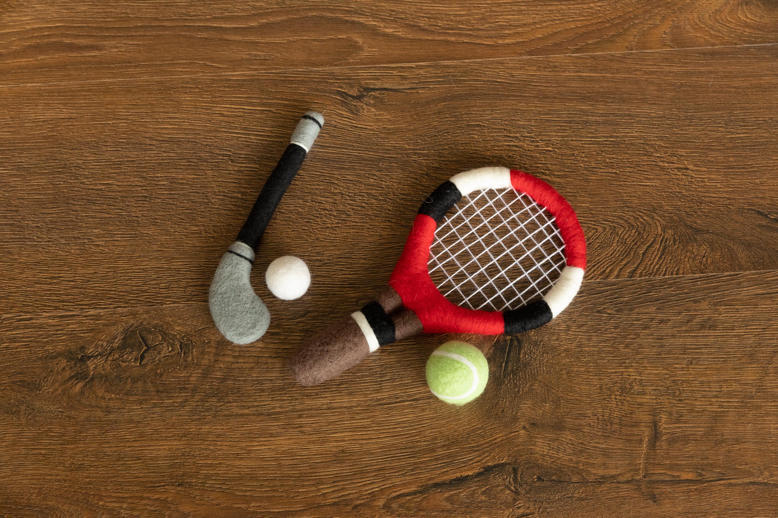 Felt Newborn Sports Toys: Tennis Racket and Golf Club with Balls for Baby Photoshoots and Shower Gifts
