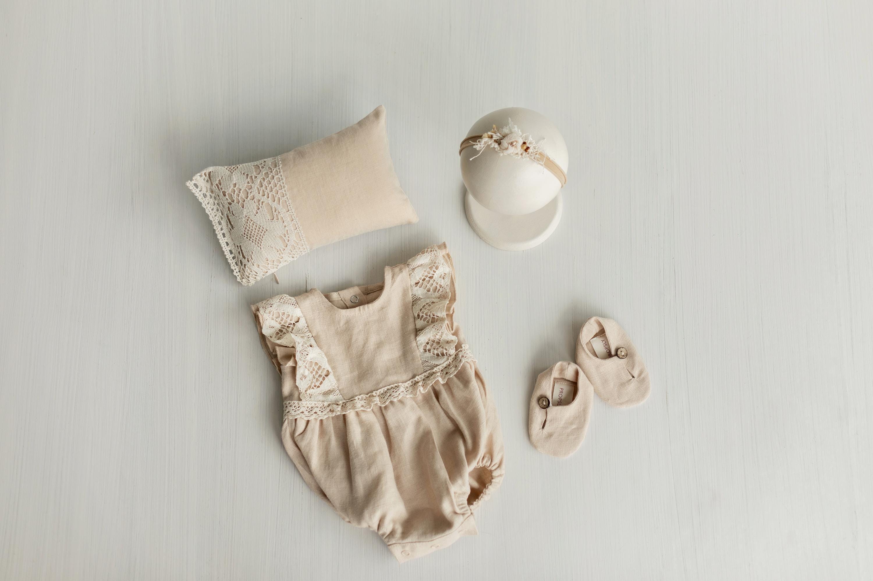 Baby Girl Linen Romper with Delicate Ruffle Sleeves and Natural Lace Details for Newborn Photography Outfit, Baptism & Special Occasions