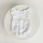 Baby Girl Linen Romper with Delicate Ruffle Sleeves and Natural Lace Details for Newborn Photography Outfit, Baptism & Special Occasions