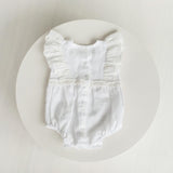 Baby Girl Linen Romper with Delicate Ruffle Sleeves and Natural Lace Details for Newborn Photography Outfit, Baptism & Special Occasions