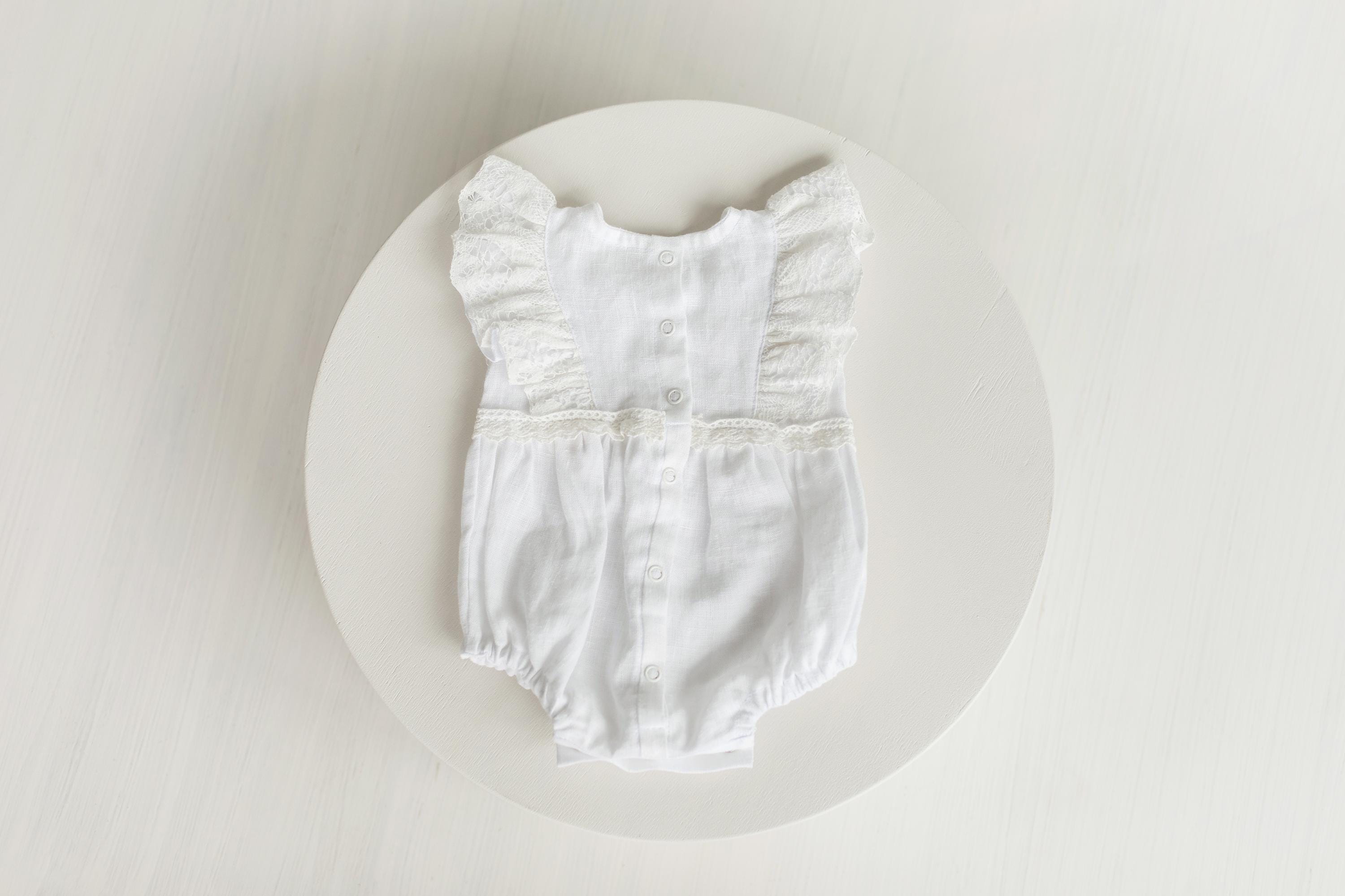 Baby Girl Linen Romper with Delicate Ruffle Sleeves and Natural Lace Details for Newborn Photography Outfit, Baptism & Special Occasions