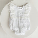 Baby Girl Linen Romper with Delicate Ruffle Sleeves and Natural Lace Details for Newborn Photography Outfit, Baptism & Special Occasions