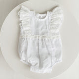 Baby Girl Linen Romper with Delicate Ruffle Sleeves and Natural Lace Details for Newborn Photography Outfit, Baptism & Special Occasions
