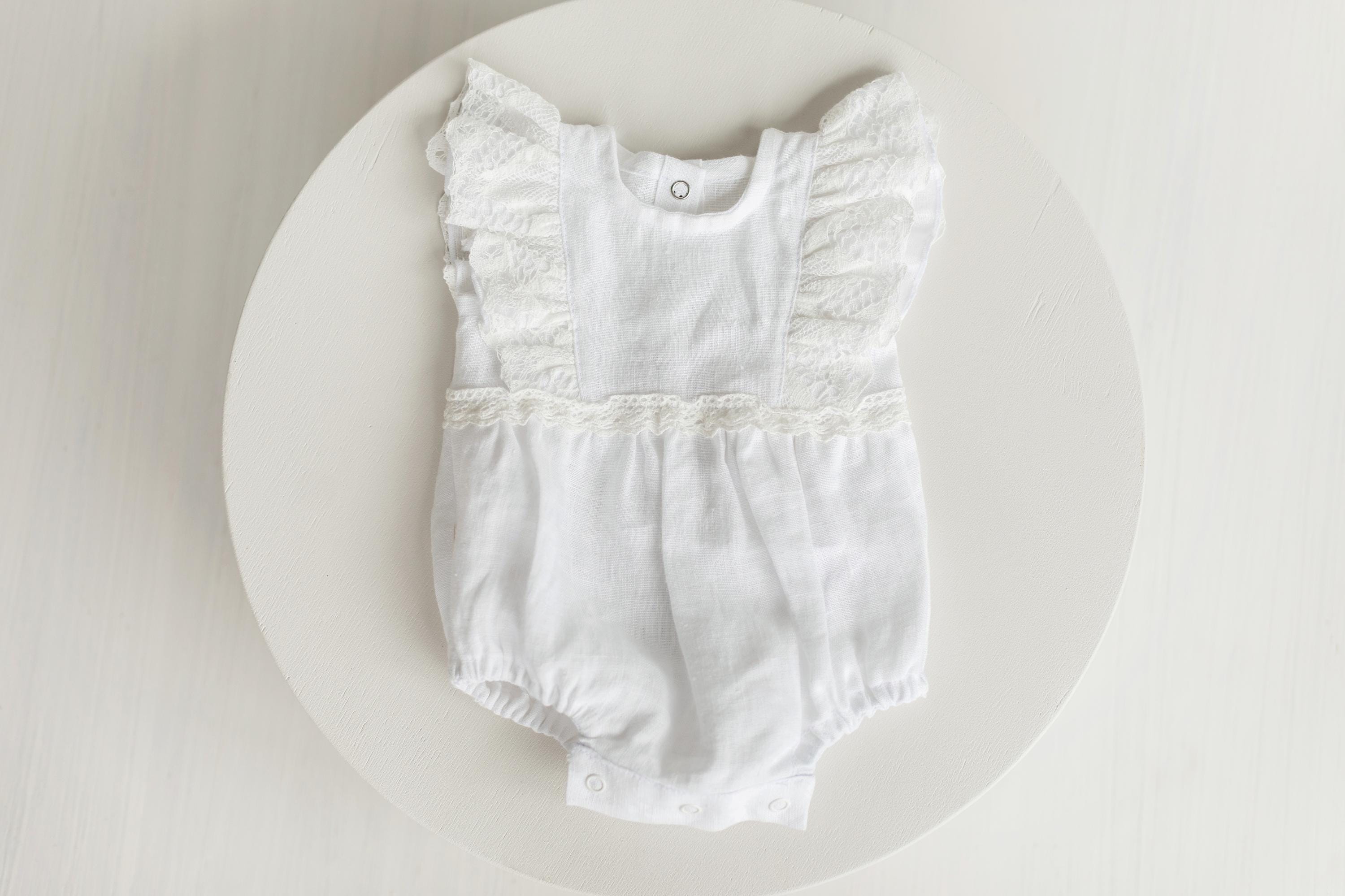 Baby Girl Linen Romper with Delicate Ruffle Sleeves and Natural Lace Details for Newborn Photography Outfit, Baptism & Special Occasions