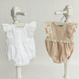 Baby Girl Linen Romper with Delicate Ruffle Sleeves and Natural Lace Details for Newborn Photography Outfit, Baptism & Special Occasions