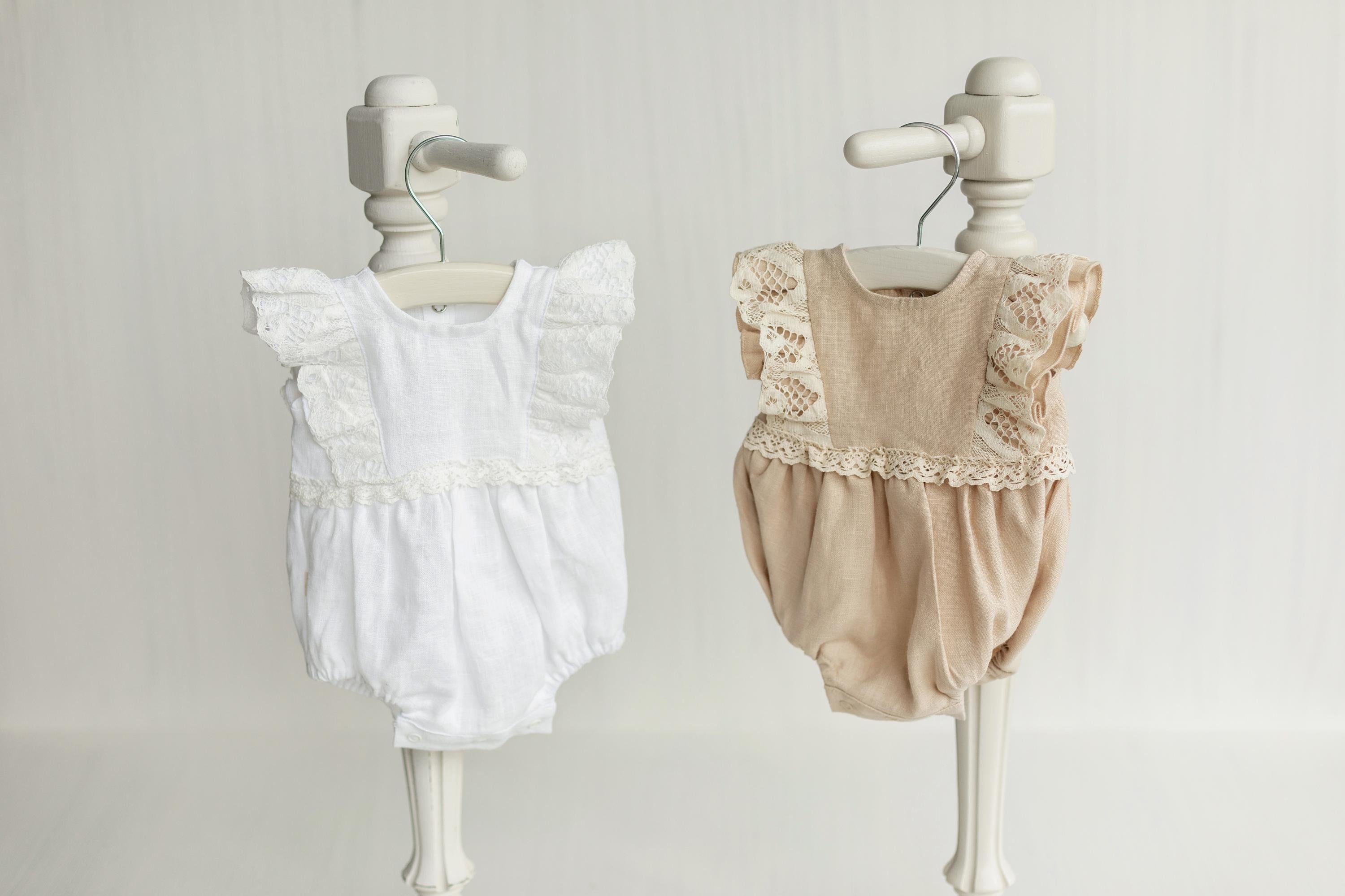 Baby Girl Linen Romper with Delicate Ruffle Sleeves and Natural Lace Details for Newborn Photography Outfit, Baptism & Special Occasions