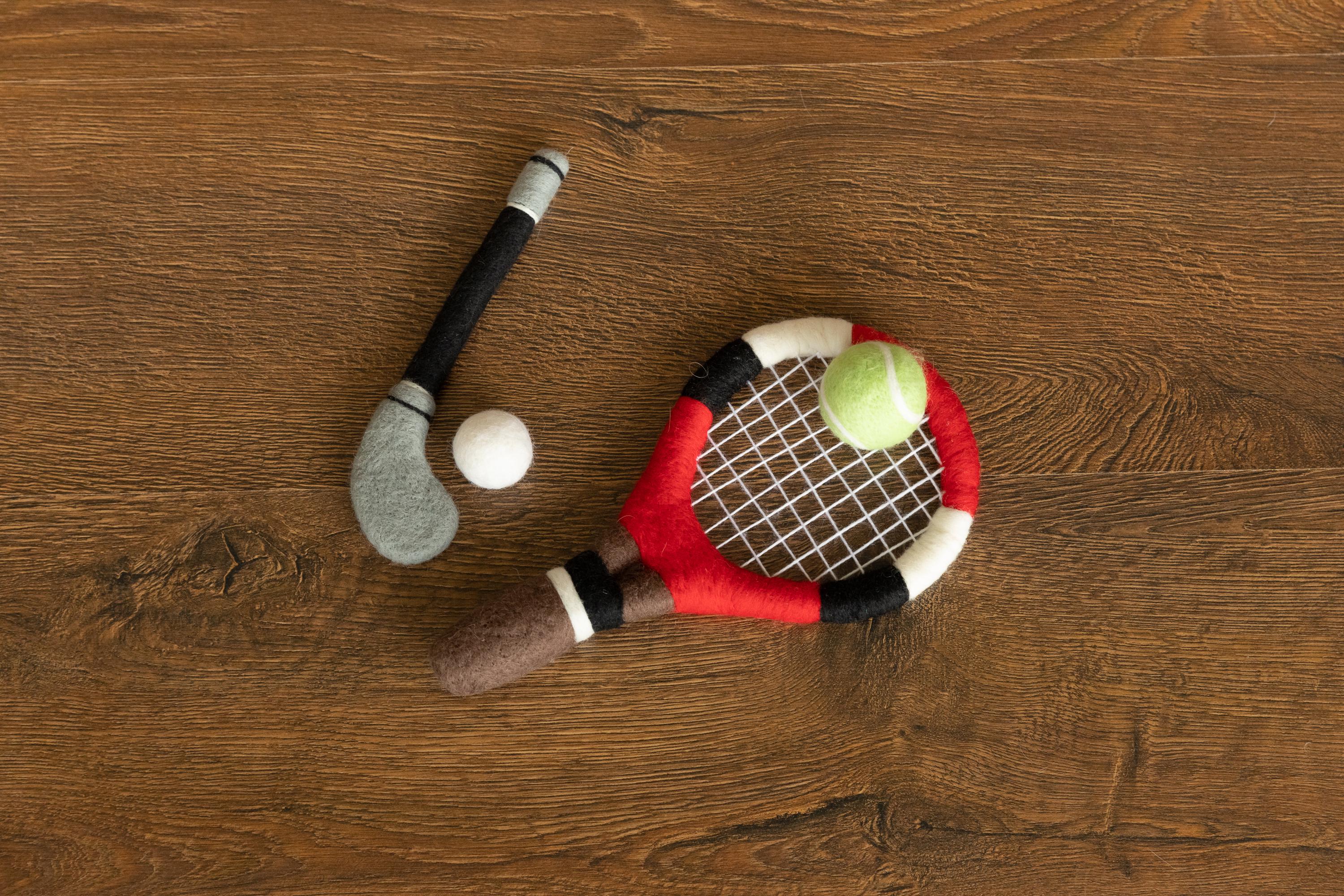 Felt Newborn Sports Toys: Tennis Racket and Golf Club with Balls for Baby Photoshoots and Shower Gifts