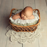 Handmade round macrame layer — soft cotton, boho-chic newborn photography prop for baskets, blankets, or layered backdrops.