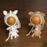 Angora Wool Newborn Horse & Unicorn Bonnet Set with Knit Toy