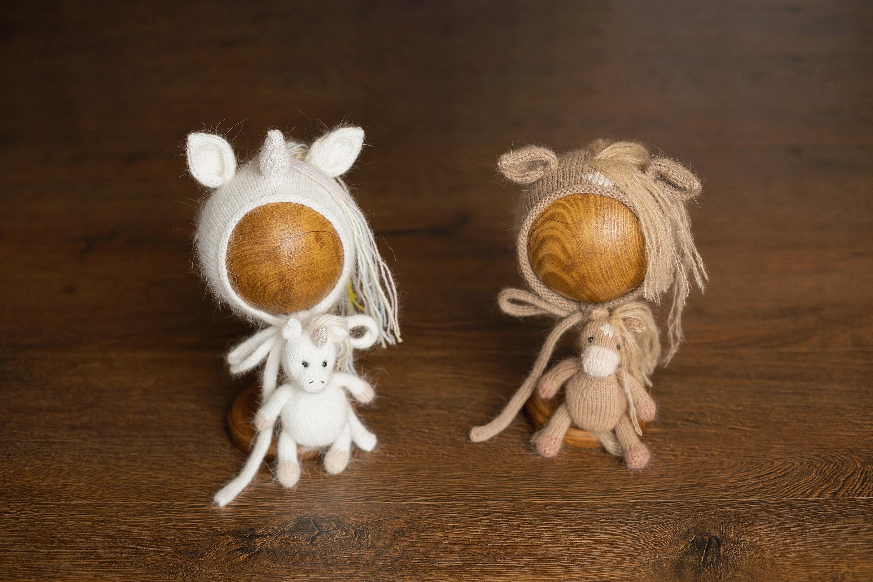 Angora Wool Newborn Horse & Unicorn Bonnet Set with Knit Toy