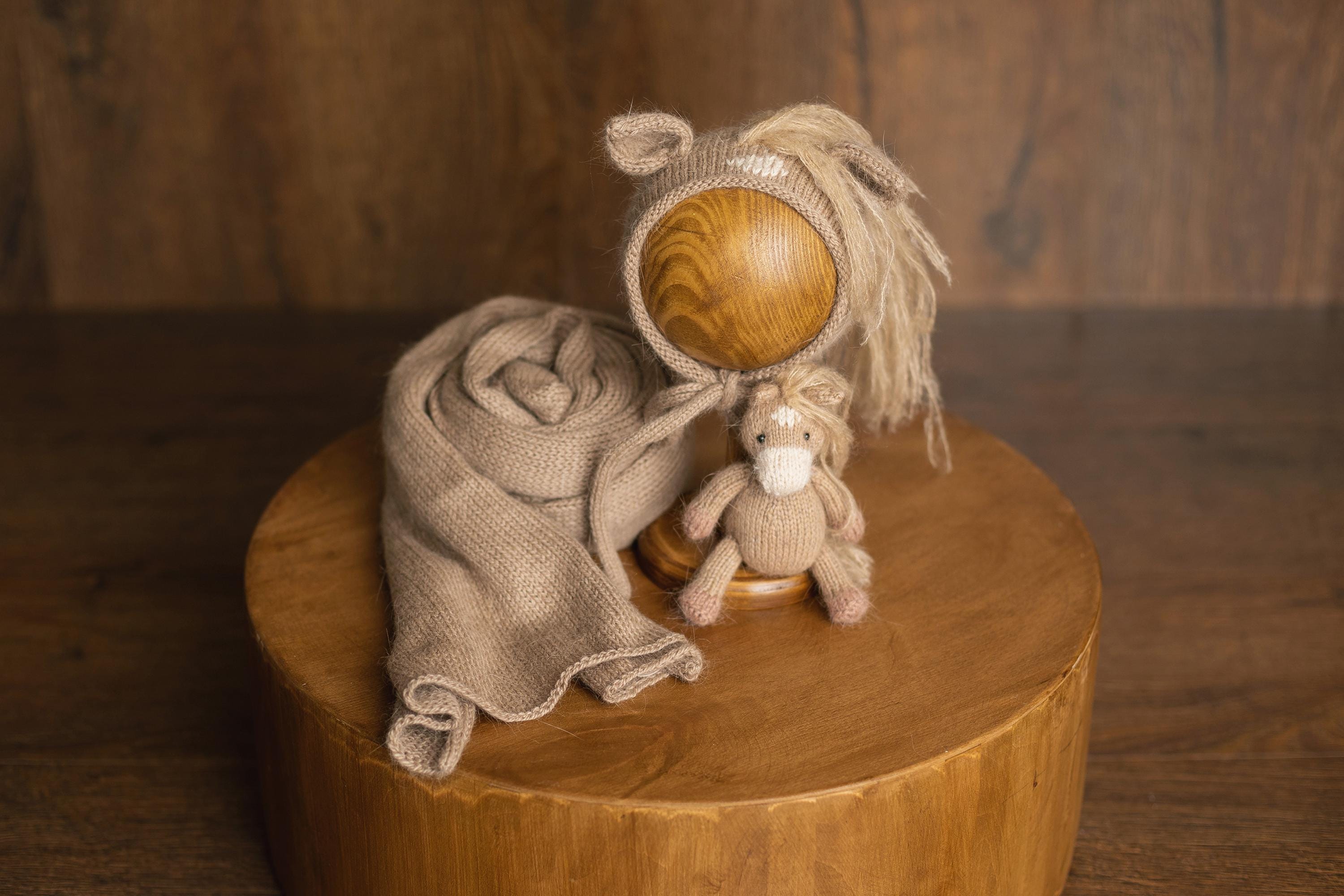 Angora Wool Newborn Horse & Unicorn Bonnet Set with Knit Toy