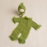 Whimsical Holiday Green Monster Outfit for Newborns with Felted Toy and Striped Scarf