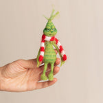 Whimsical Holiday Green Monster Outfit for Newborns with Felted Toy and Striped Scarf